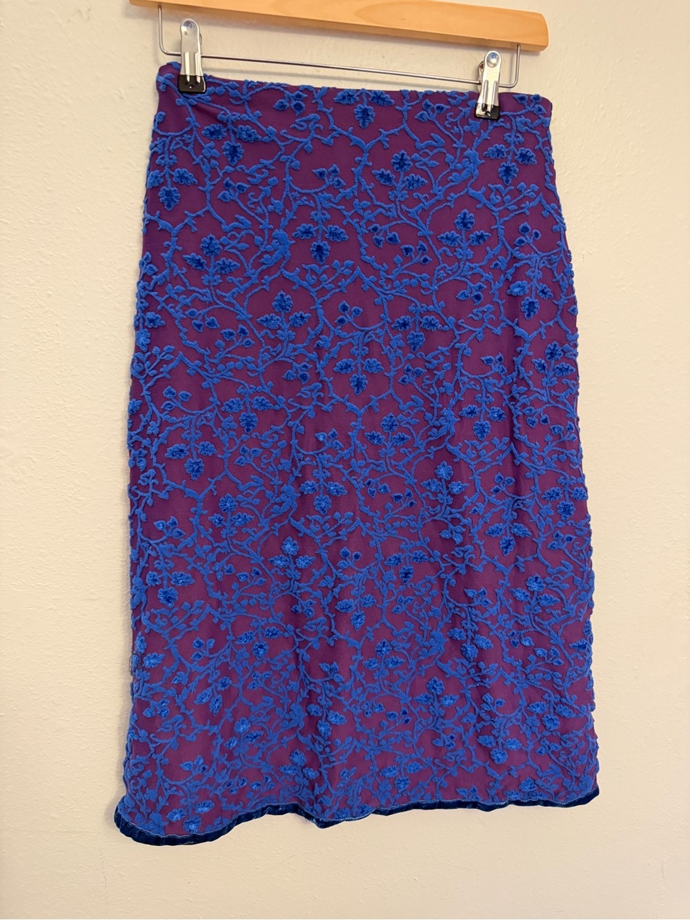 Floral Embroidered Midi Skirt — Purple with Blue Embroidery velvet y2k